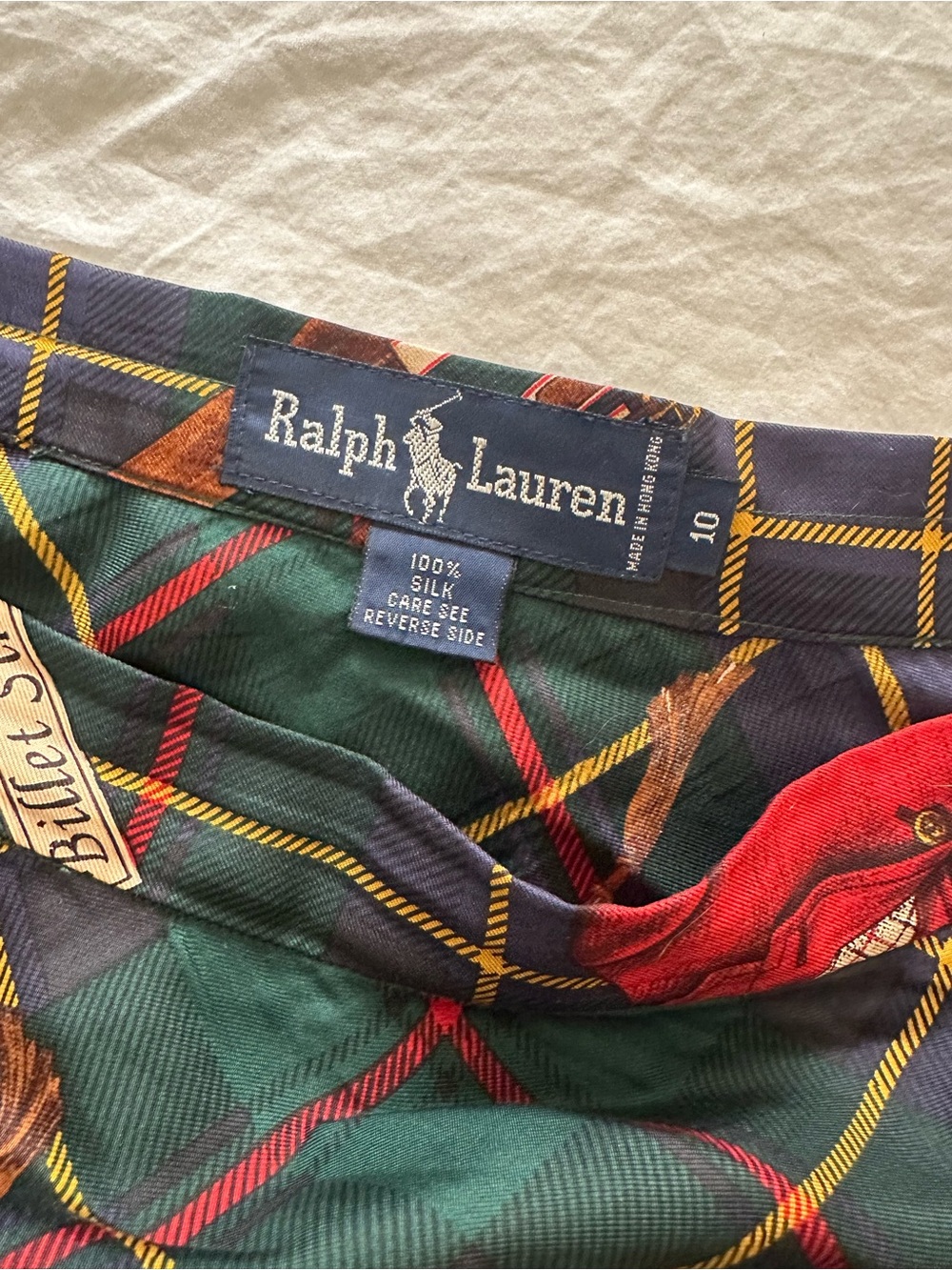 RARE 90’s Vintage Ralph Lauren Green Plaid Equestrian-Print Silk A-Line Skirt - Picture 8 of 8